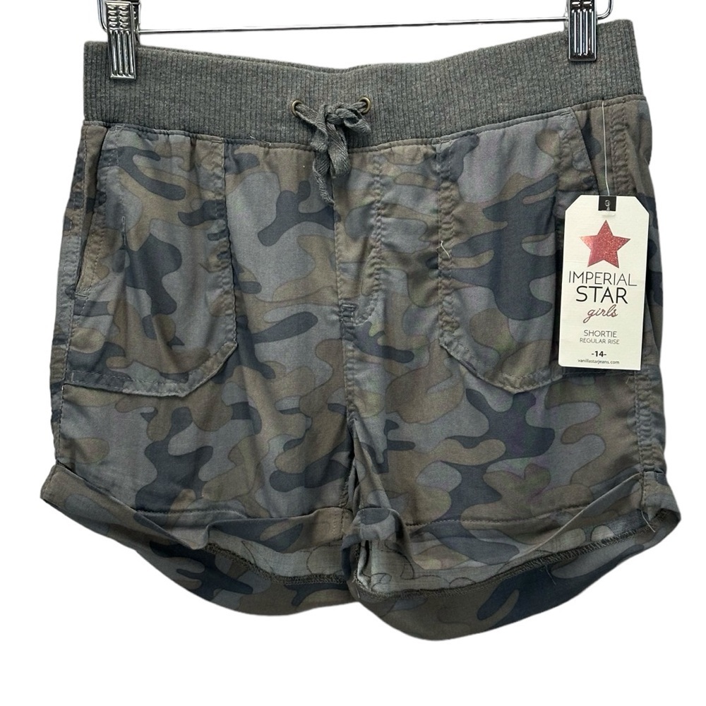 Imperial Star Girls Regular Rise Drawstring Elastic Waist Shorts - Grey Camo